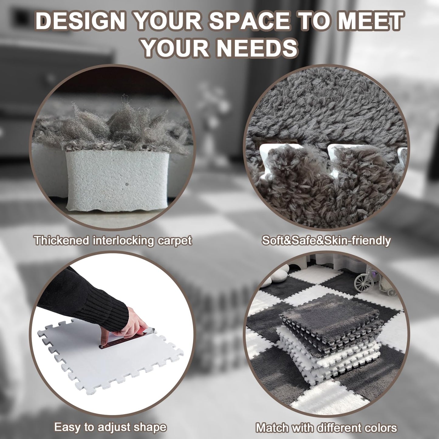 Jaderlu 16 PCS Foam Tile Mats – Thick 0.6" Shaggy Interlocking Rug, Soft Non-Slip Carpet for Baby, Kids, Dorm, Bedroom & Home Decor