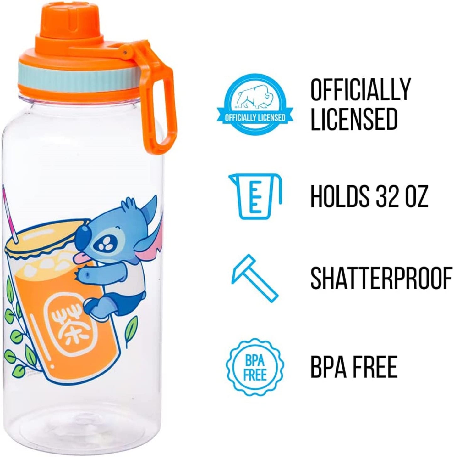 Silver Buffalo Lilo and Stitch Cute Fruit Bubble Tea Twist Spout Plastic Water Bottle with Holographic Stickers You Stick Yourself, 32 Ounces