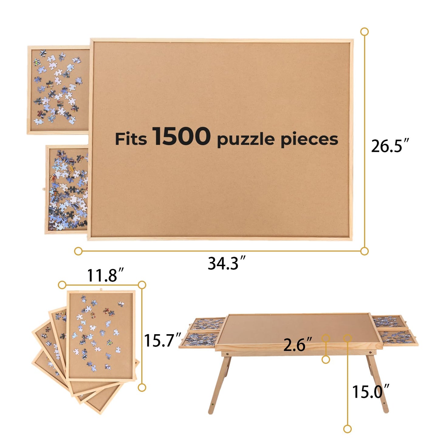 Yacona 1500 Piece Puzzle Board – 34.3"x26.5" Jigsaw Table with 4 Drawers & Cover, Portable Folding Legs, No Installation Needed