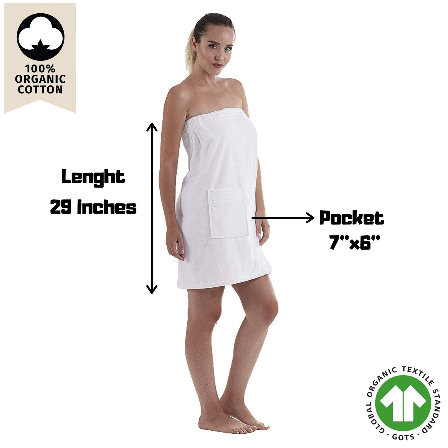 C&B Women's Wrap Towel - 100% Organic Turkish Cotton Adjustable for Spa Gym Pool w Pocket (White)