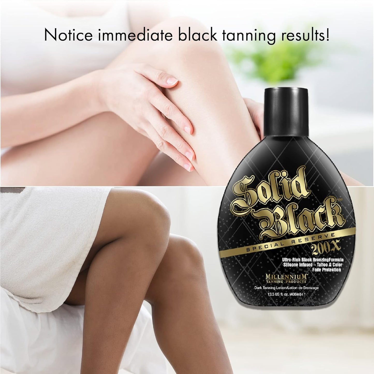 Millennium Solid Black Special Reserve 200X Tanning Lotion - Indoor/Outdoor Use with Advanced Silicone Bronzer, Tattoo Protection - Tanning Lotion