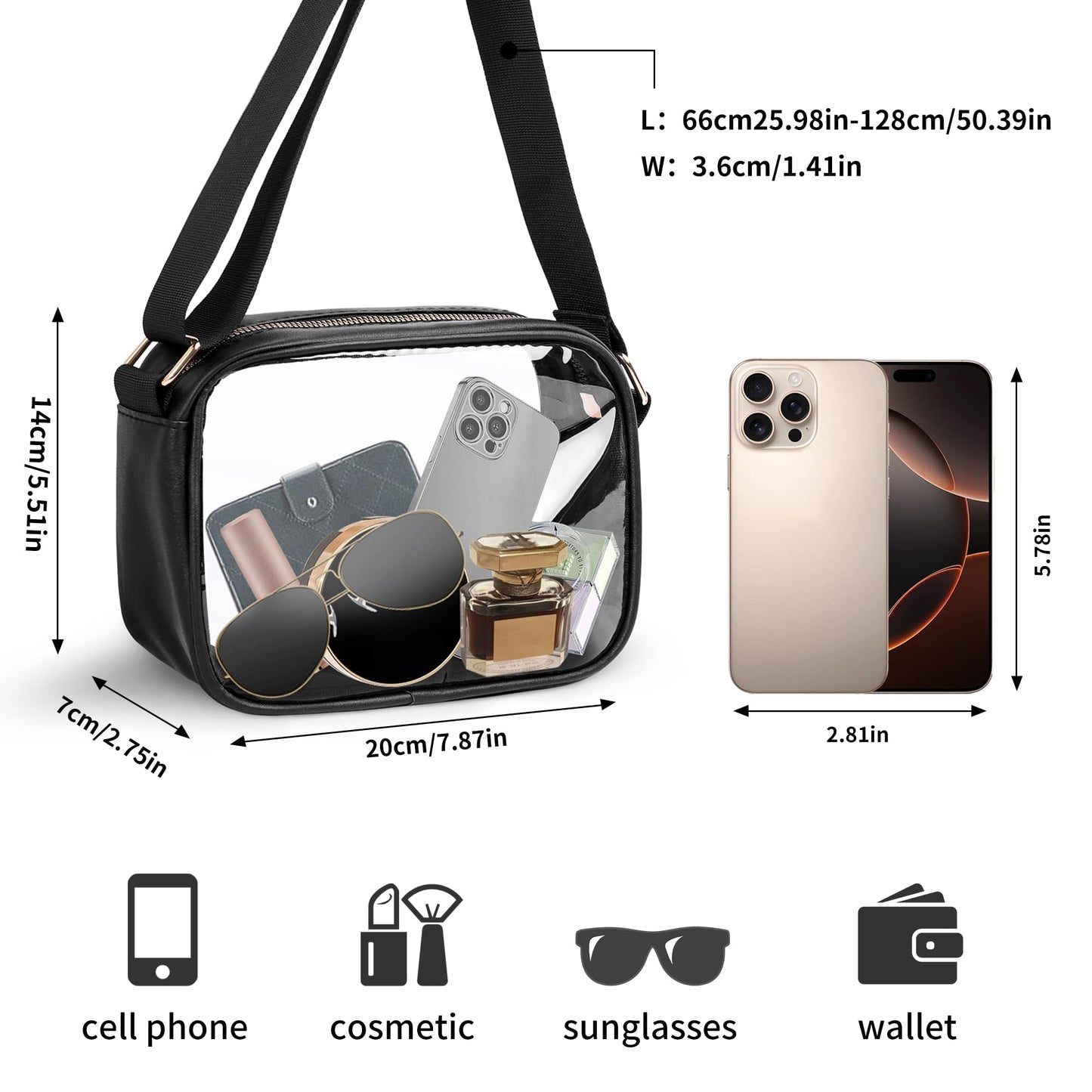 VOROLO Stadium Approved Clear Crossbody Bag,Small See Through Purse Handbag with Adjustable Shoulder Strap for Sports Black