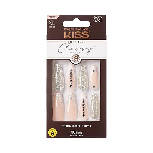 KISS Classy, Press On Nails, Nail glue included, 'Sophisticated', Silver, Extra-Long Size, Coffin Shape, Includes 30 Nails, 2g glue, 1 Manicure Stick