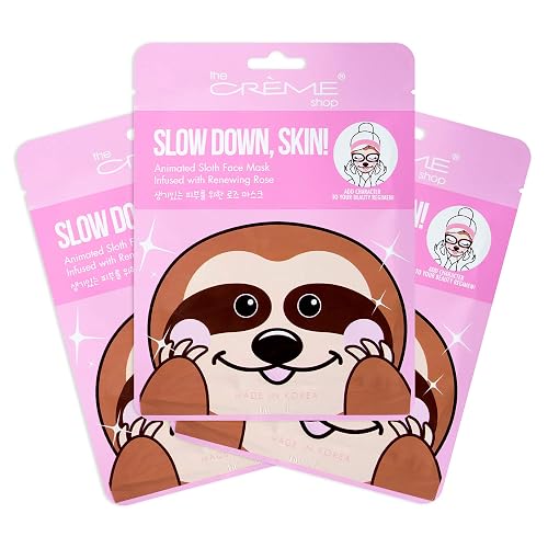 The Crème Shop Animal Sheet Mask, Korean, Hydrating, Collagen, Vitamin C, Anti-Aging - Pack of 3 (Sloth)