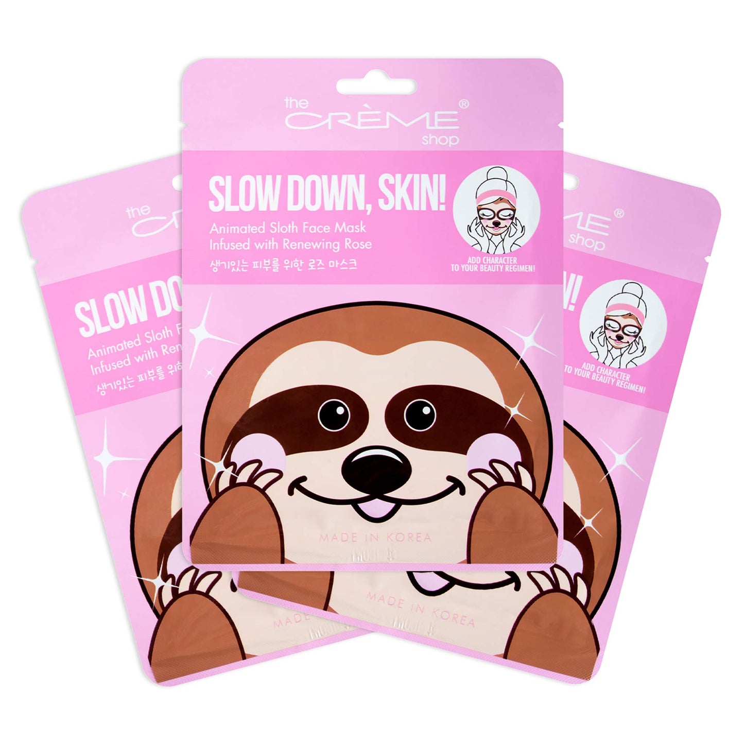 The Crème Shop Animal Sheet Mask, Korean, Hydrating, Collagen, Vitamin C, Anti-Aging - Pack of 3 (Sloth)