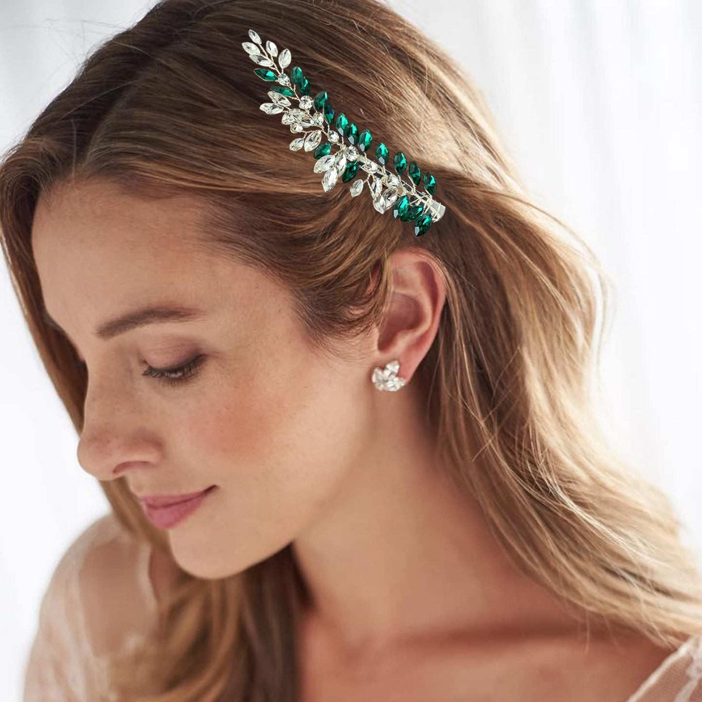 BETITETO Wedding Hair Clip Combs, 2Pcs Red White Green Rhinestone Bridal Hair Vine Piece Accessories for Women Girls Party Birthday (Green)