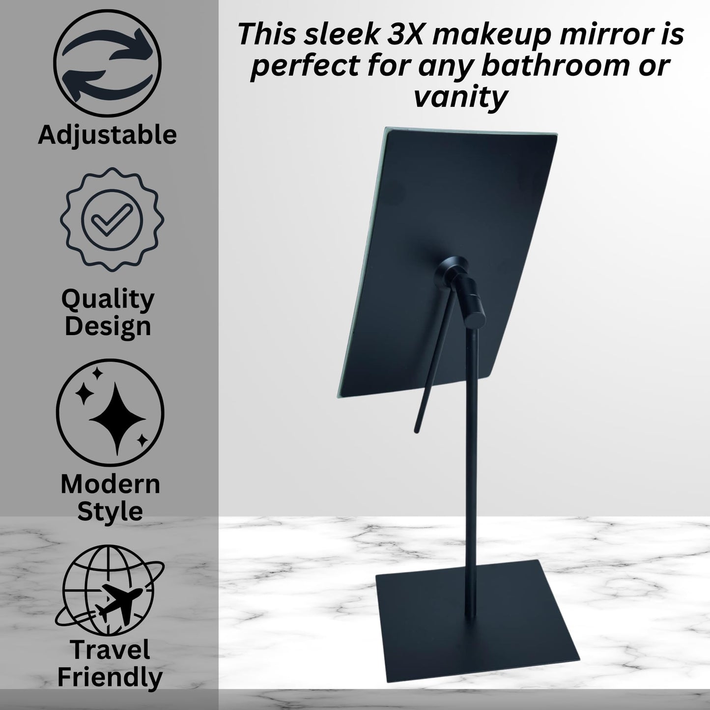 JERDON Rectangular Tabletop Vanity Makeup Mirror - 3X Magnification with Black Finish - 5-inch by 8-inch Vanity Mirror - Pivot Adjustment - Model