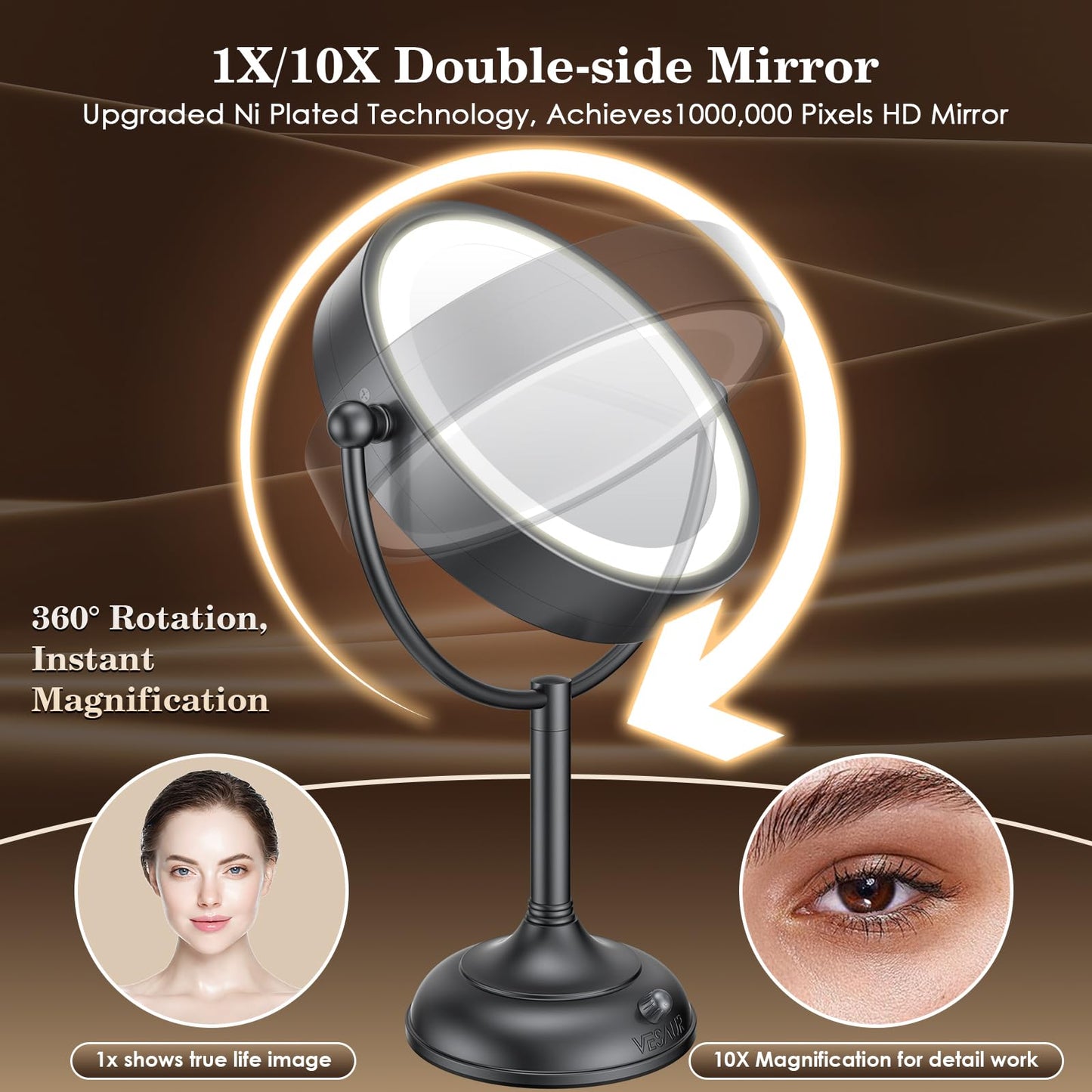 VESAUR Professional 8.5" Lighted Makeup Mirror, 1X/10X Double Sided HD Undistorted Magnifying Mirror with 3 Color 90 Dimmable LED lights, 360°