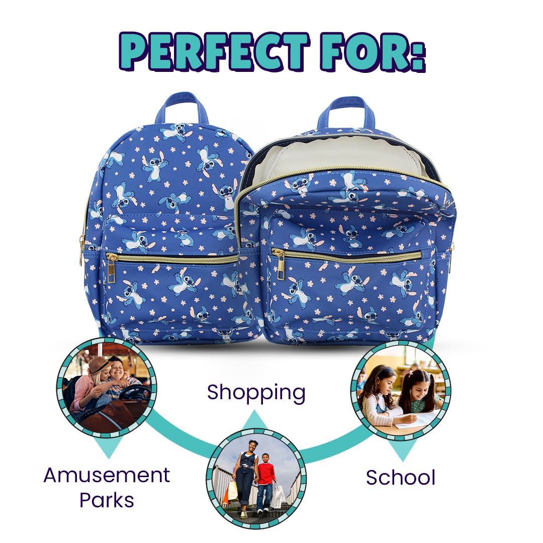 Disney Stitch with Flowers Mini PU Leather Backpack Purse with Adjustable Straps 10 In