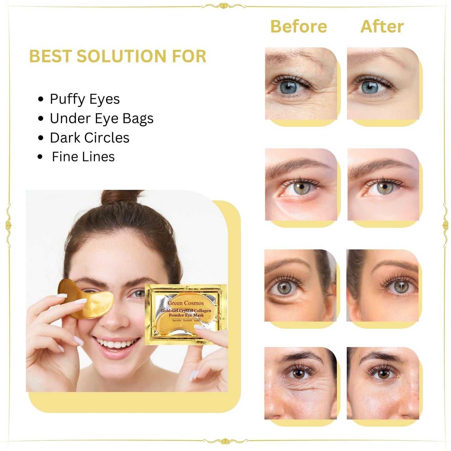 Green Cosmos 30 Pairs 24k Gold Under Eye Patches, Gold Crystal Collagen Eye Mask, Dark Circles Treatments, Removes Under Eye Bags, Collagen Gel Pads