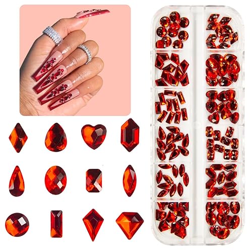 qiipii 120Pcs Red Rhinestones Nail Charms 12 Shapes Crystal Flatback Siam Red Big Gems Ruby Red K9 Glass Nail Stones Diamonds jewels Nail Art Supplies