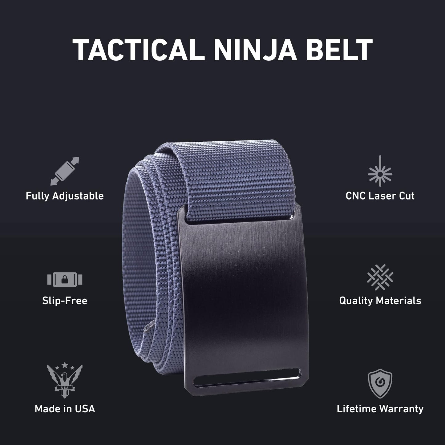 GRIP6 Tactical Belt - No Hole, Nylon Belts for Men and Women - Made in the USA (Ninja)