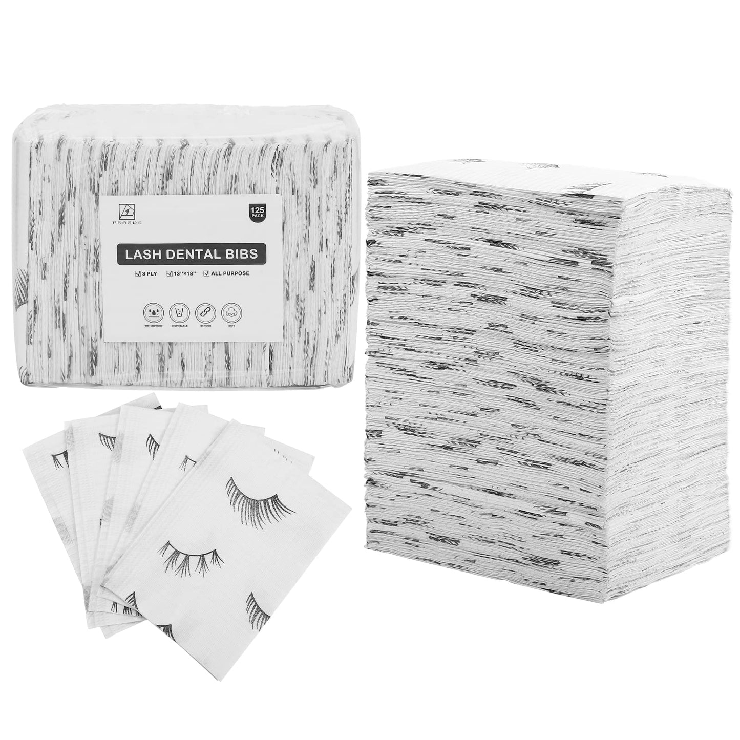 PRASNE Lashing Dental Bibs Disposable Pack of 125, Lash Pillow Cover of Lash Supplies, White 3-Ply Paper Poly Waterproof Towels, 13” x 18”, Black