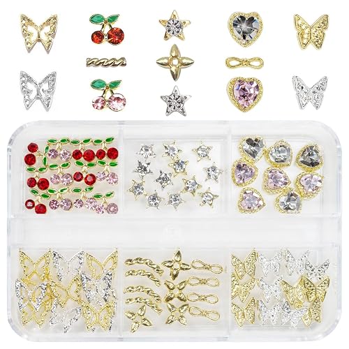 qiipii 56 Pcs Cute Charms for Nails Cherry Butterfly Heart Star Kawaii Crystals Pink Red Rhinestones Gems Golden Silver 3D Alloy Studs Nail Art Charms Beauty & Personal Care qiipii