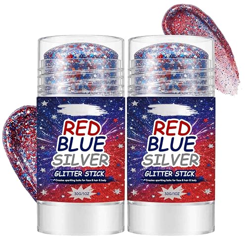 4th of July Glitter Stick,Face & Body Glitter Stick,Red Blue Silver Chunky Glitter Stick,Face Hair Body Glitter Makeup Stick for Party,Festival