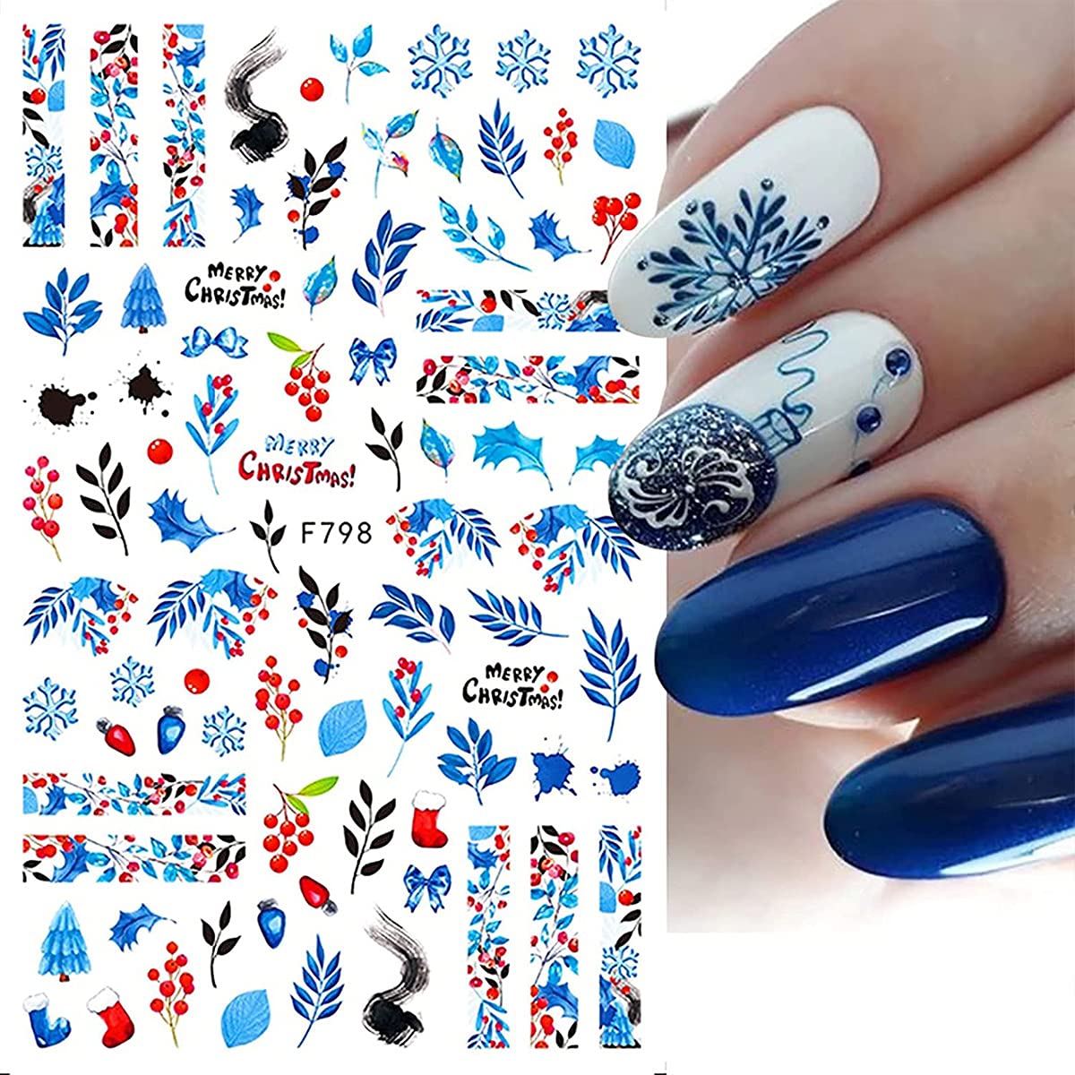 Christmas Nail Art Stickers Winter Nail Art Self-Adhesive Decals Snowflake Elk Blue Leaves Birds Christmas Tree Pattern Design Xmas Art Supplies