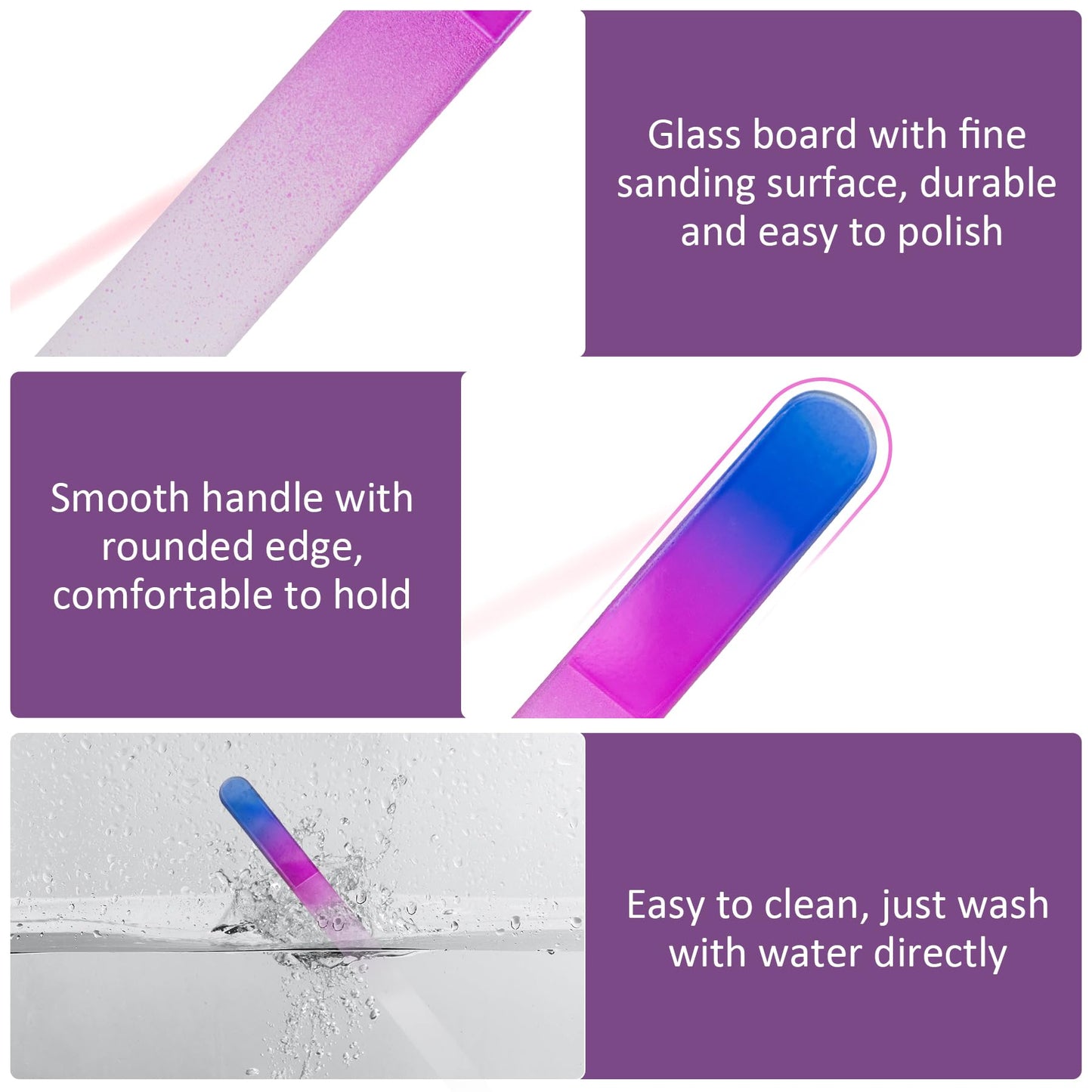 EAONE Crystal Glass Nail File with Case 3 Pack, Double-Sided Etched Fingernail Files for Natural Nails Professional Footnail Care Tool, Stocking
