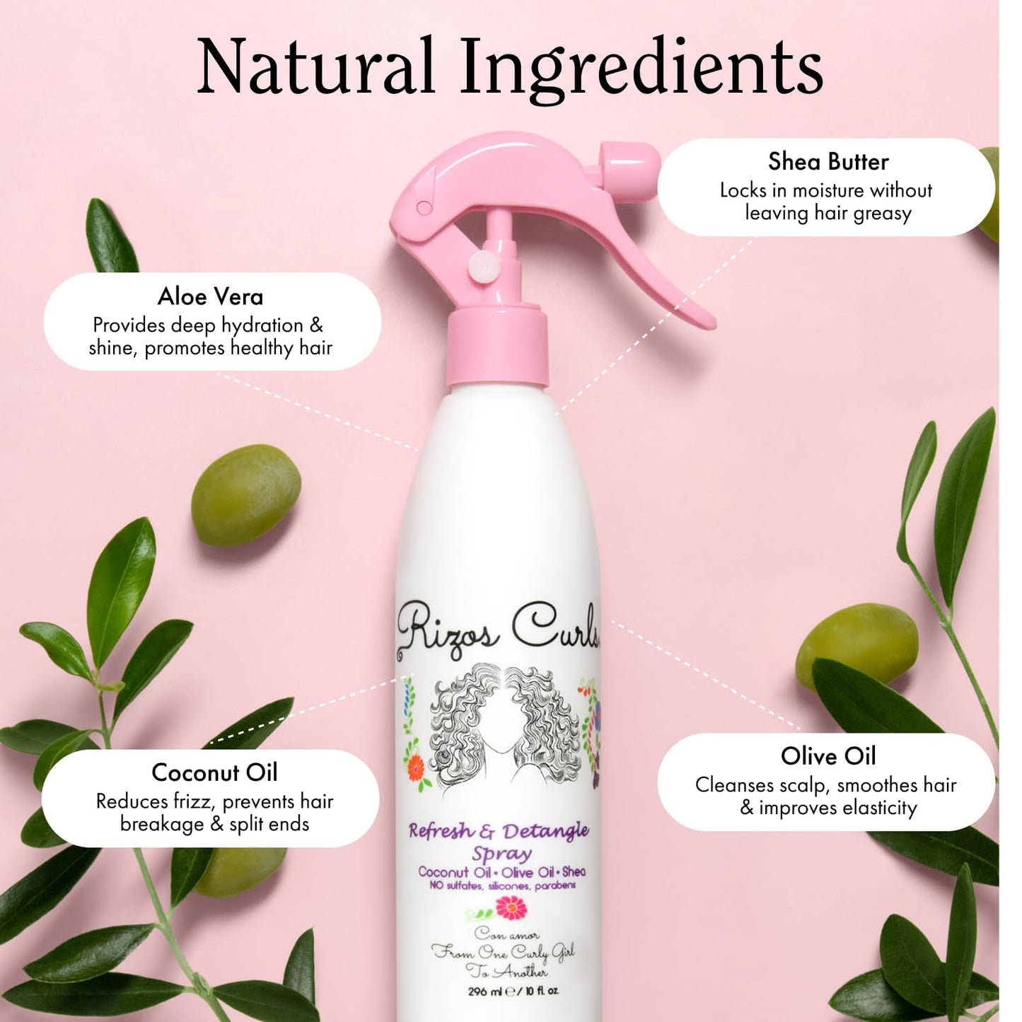 Rizos Curls Travel Refresh & Detangle Spray, Moisturizing Leave-In, Hydrate & Reduce Frizz, Add Shine & Definition with Coconut Oil, Aloe Vera & Shea