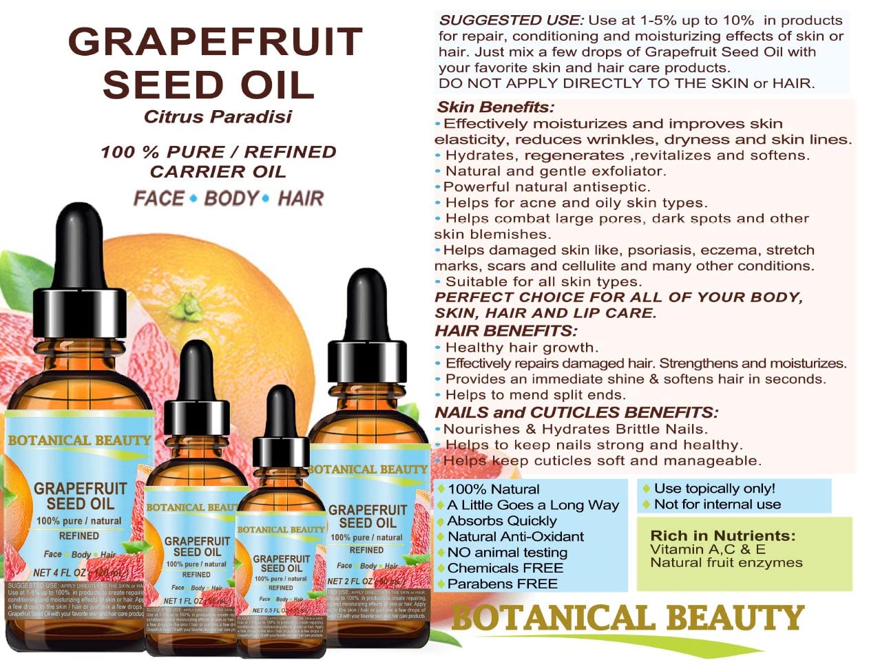Botanical Beauty GRAPEFRUIT SEED OIL. 100% Pure Natural Undiluted Refined Cold Pressed Carrier Oil (NOT ESSENTIAL OIL) 4 Fl Oz - 120 ml for Face