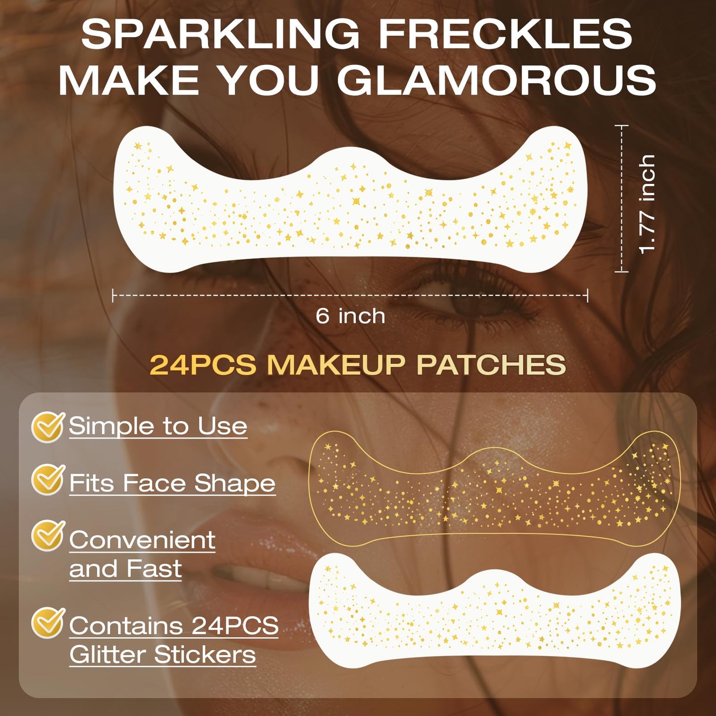 Leterly 24 Pcs Glitter Freckles Face Tattoo,Gold Face Glitter Makeup Patches Cute Sparkle Freckles Patches Waterproof Makeup Speckles for Face