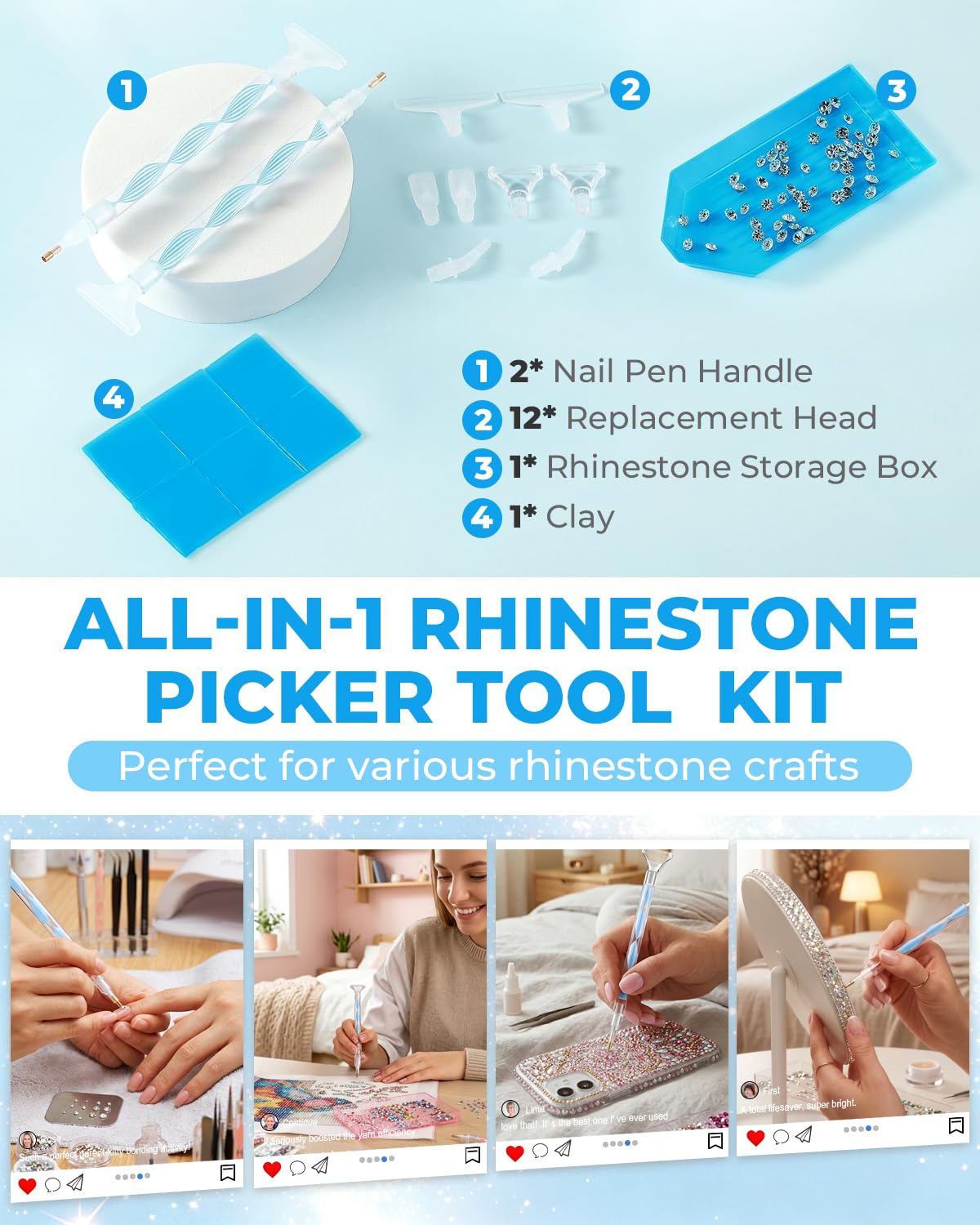 Eudaicful Rhinestone Picker Tool Kit: 2Pcs Rhinestone Picker Handle, Dual-Ended Rhinestones Applicator Dotting Tools Pen with 12 Upgraded Plastic Beauty and Personal Care Eudaicful