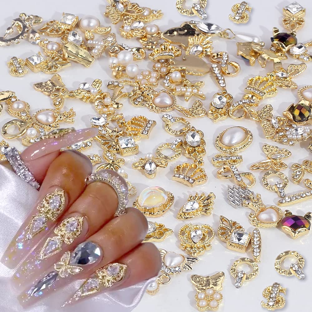 Dornail 50pcs Gold Nail Charms for Acrylic Nails, Mix Styles Shiny Pearl Alloy Nail Rhinestones Flower Butterfly Heart Star Charms for Nails Women