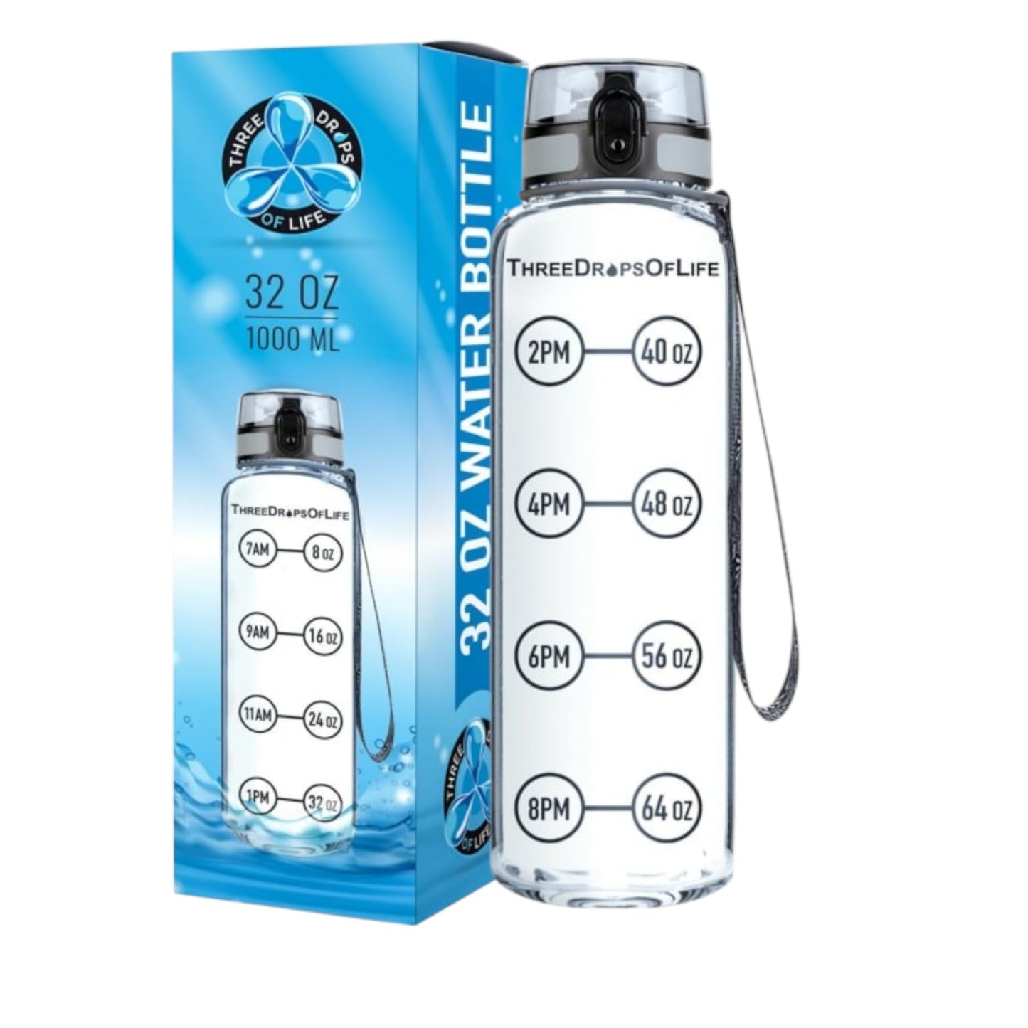 Three Drops of Life Time Marked Water Bottle, Clear Sports Timed Bottle 32 oz, Best for Measuring Water Intake, Tritan BPA-Free One Liter Hydration