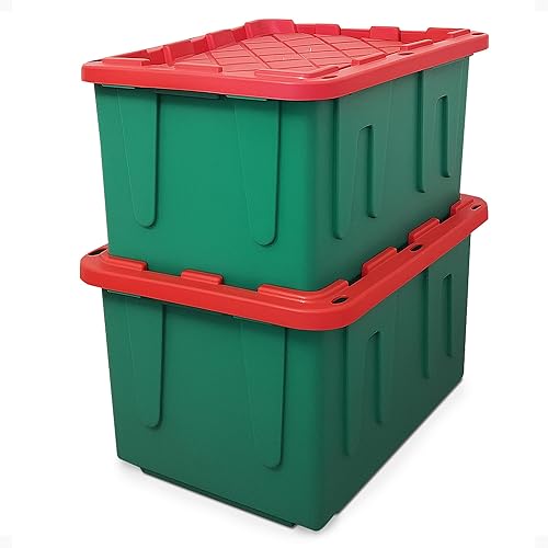 HOMZ 2-Pack Durabilt, Heavy Duty Plastic Storage Bins with Lids, 27 Gallon, Green/Red - Stackable Container Boxes for Holiday, Attic, and Garage…