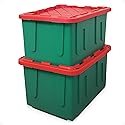 HOMZ 2-Pack Durabilt, Heavy Duty Plastic Storage Bins with Lids, 27 Gallon, Green/Red - Stackable Container Boxes for Holiday, Attic, and Garage…