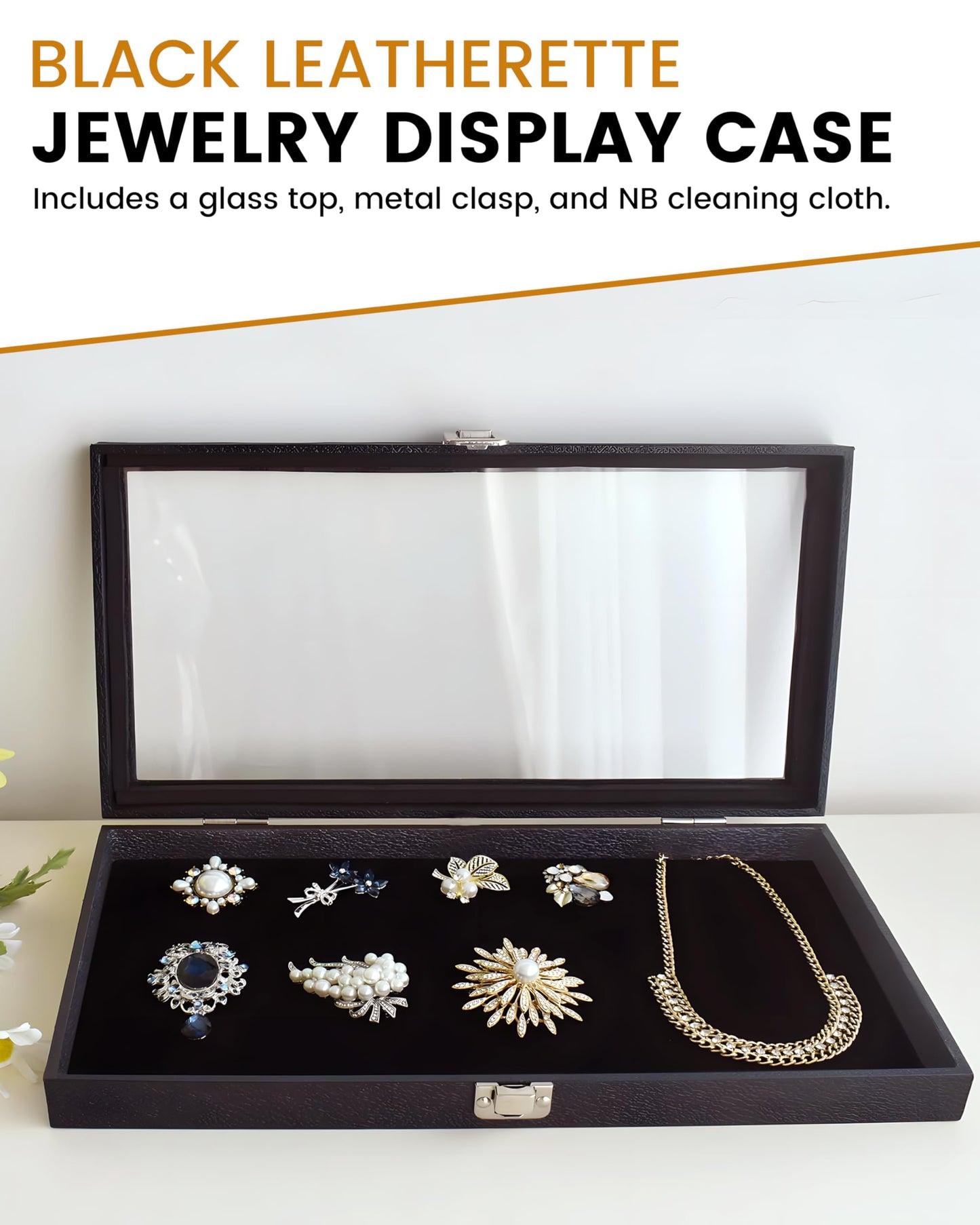 Novel Box Jewelry Organizer Box Black Leatherette 14.75x8.25x2.1 Large Glass Jewelry Box with Lid with Metal Clasp - Gem Display Case - Jewelry…
