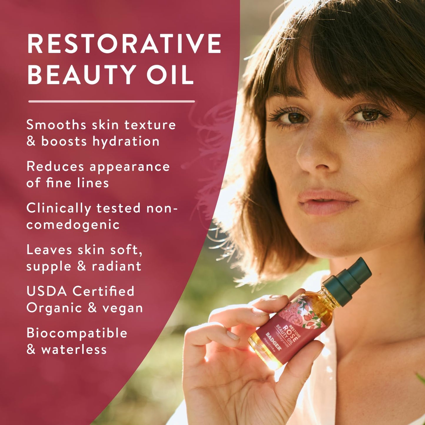 Badger Rose Face Oil, 100% Organic Face Moisturizer, Nourishing & Soothing Organic Jojoba Oil & Rose Oil, Vegan Antioxidant Rich Moisturizing Facial