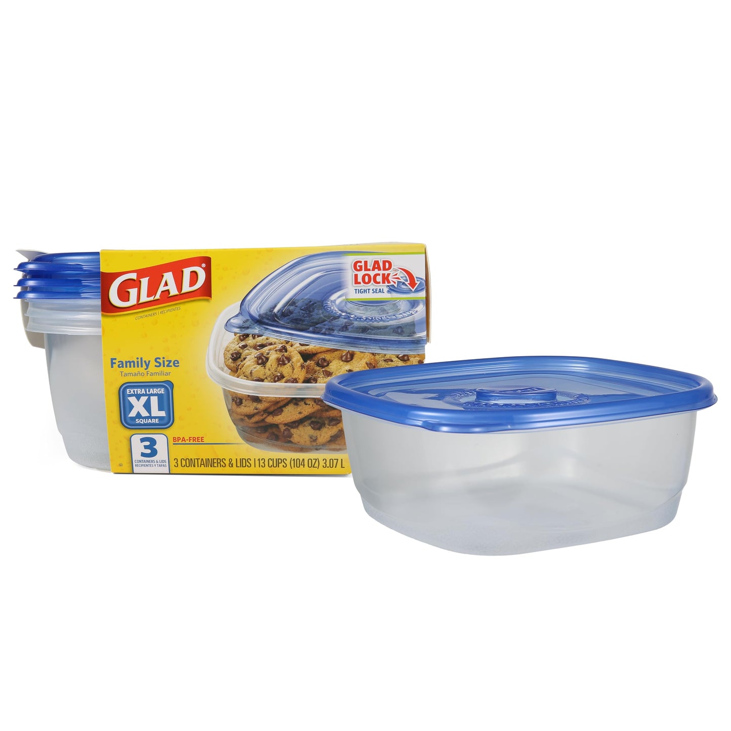 GladWare Family Size Food Storage Containers, XL | Large Square Food Storage, Containers Hold up to 104 Ounces of Food, Large Set 3 Count Food…