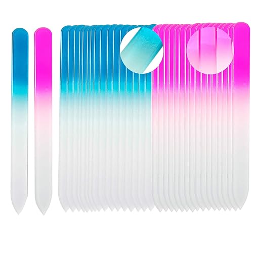 SIUSIO 40 Pack Professional Czech Crystal Glass Nail Files for Natural Nails Double Sided Etched Surface Files Gradient Rainbow Color for Acrylic Nail
