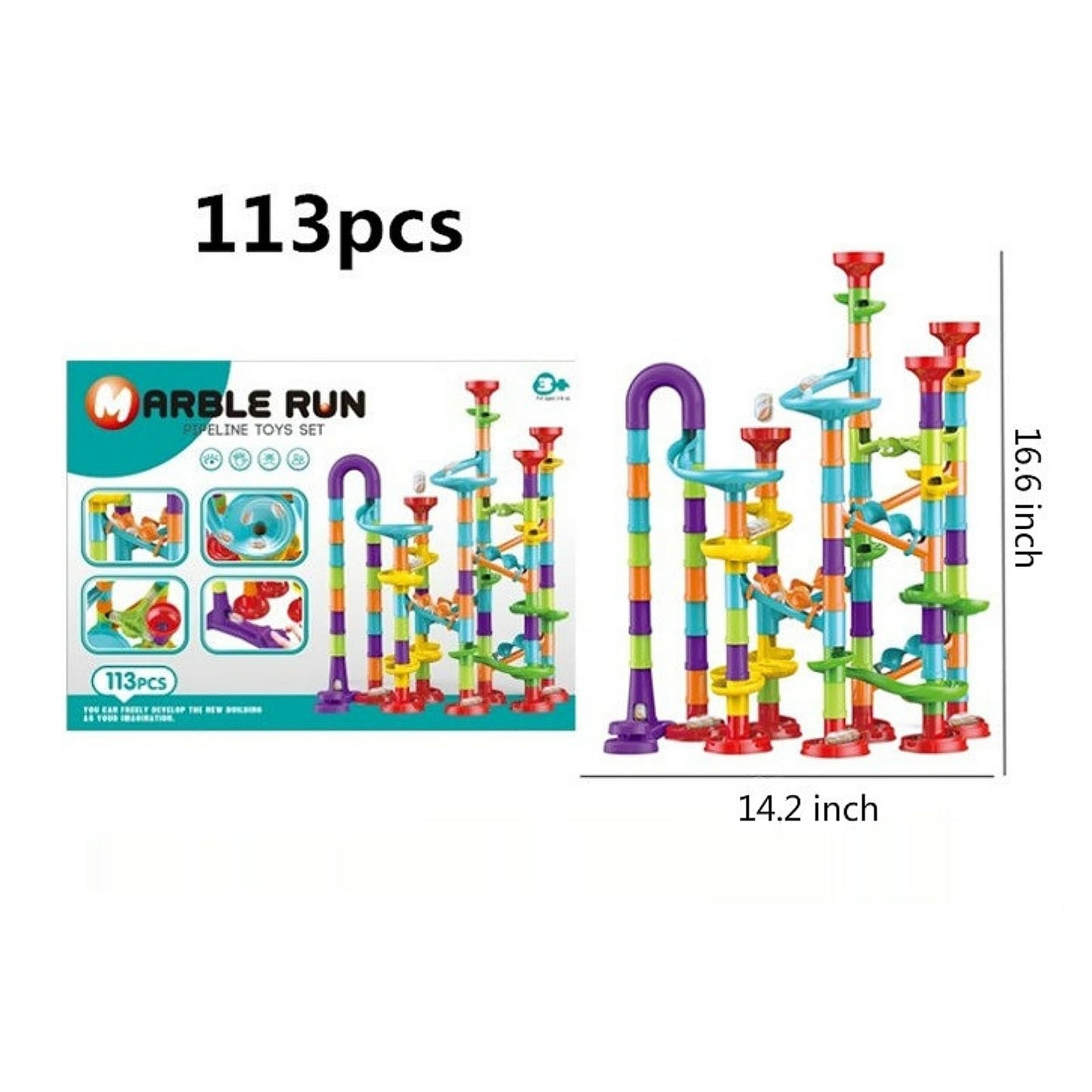 Marble Run Pipeline 113pcs Construction Set – STEM Building Blocks with Spiral Ladder, Rotating Funnel & T-Track for Kids Ages 4-8