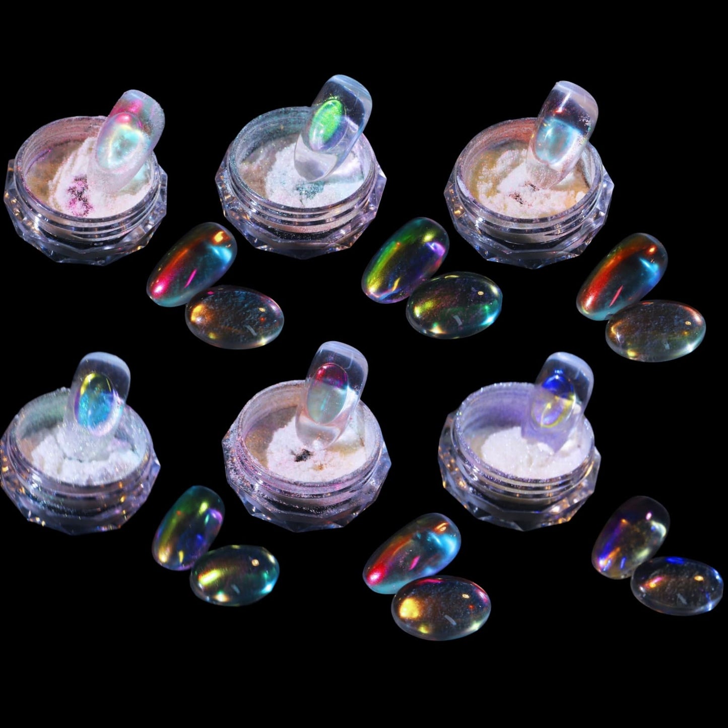 Ice Transparent Aurora Nail Powder Neon Rainbow Holographic Chameleon Powder Multi Chrome Iridescent Pigment Pearlescent Nail Art Glitters (6 Boxes