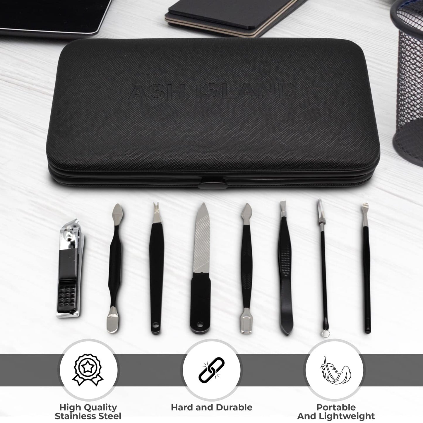 ASH ISLAND Nail Clippers Set - Black Stainless 12 in 1 For Men And Women Manicure Pedicure Travel Kit Luxury Nail File Sharp Nail Scissors Fingernails