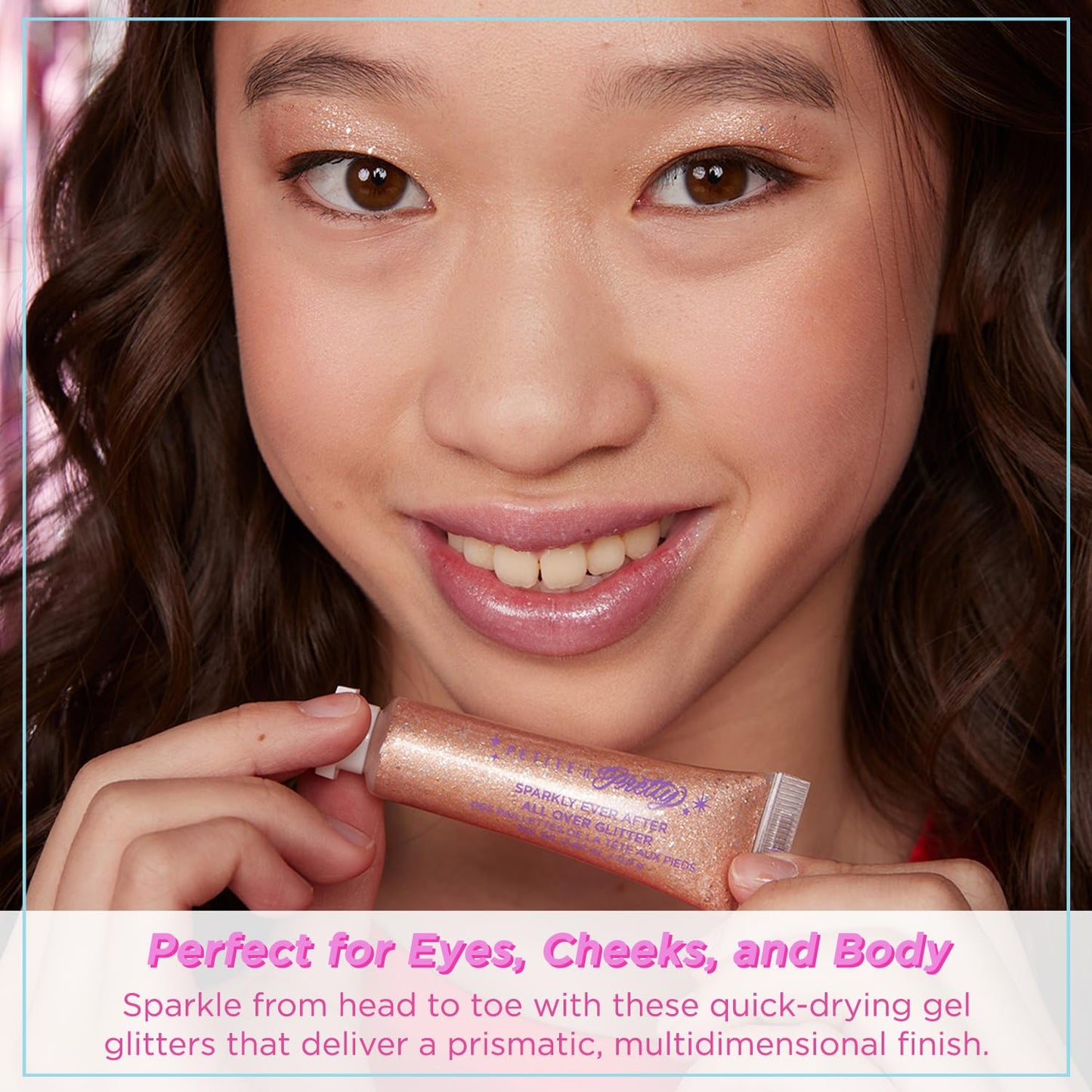 Petite N Pretty Glitter Makeup Set - Shimmering for Eyes, Cheeks, and Body - Glow Up Stick & All-Over Glitter in Pink Sherpa Bag for Kids, Teens