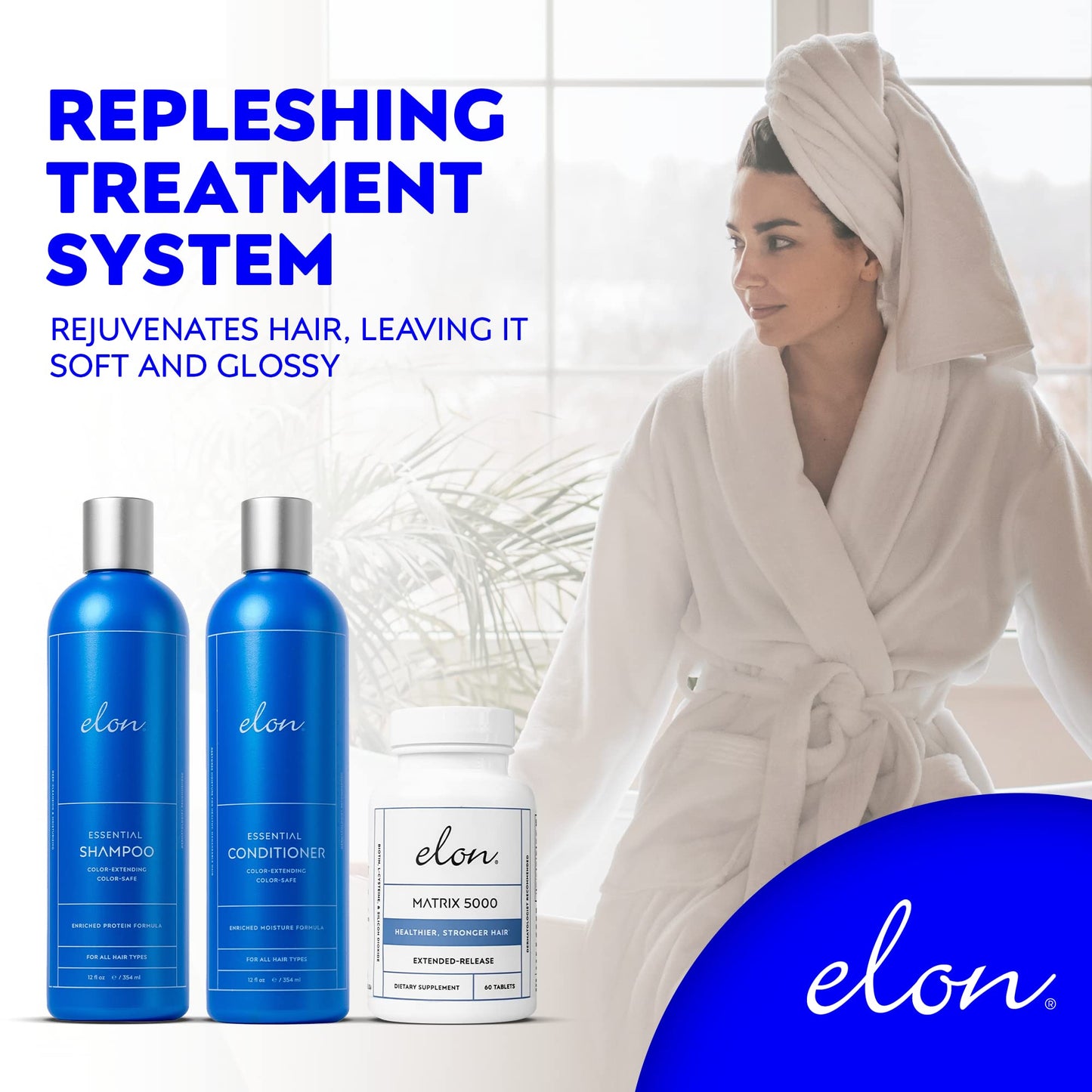 Elon Complete Kit for Thinning Hair - Elon Essential Shampoo and Conditioner Set + Matrix 5000 Hair Growth Supplement - NO Sulfates, Parabens or