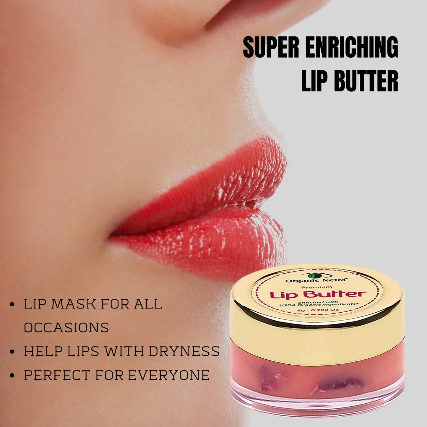 Organic Netra Premium Lip Butter - Moistures Lips - Lips Mask for All Occasions - Perfect for Everyone - Enriched with Organic and Natural Beauty and Personal Care Organic Netra