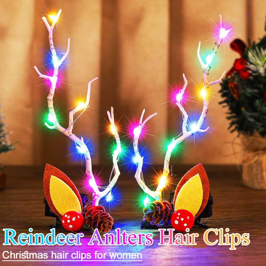 BARTOSI LED Light Christmas Hair Clips Reindeer Antlers Xmas Hairpins Hair Accessories for Women (Pack of 2)