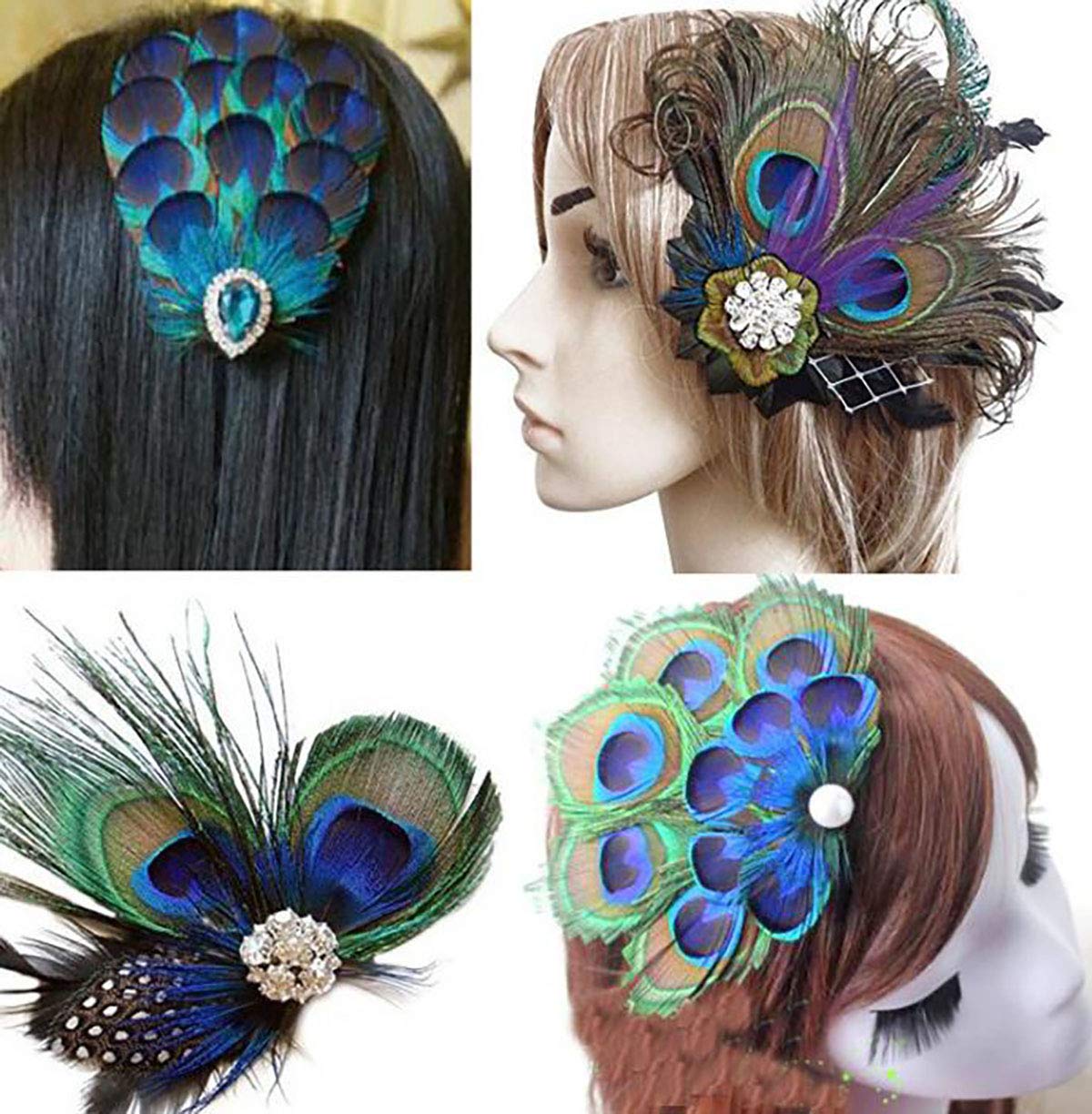 Women Bohemian Peacock Feather Hair Clip Hair Pin Elegant Fascinator Wedding Dance Party Headdress Headwear Hair Accessory Sequined Showgirl Headpiece