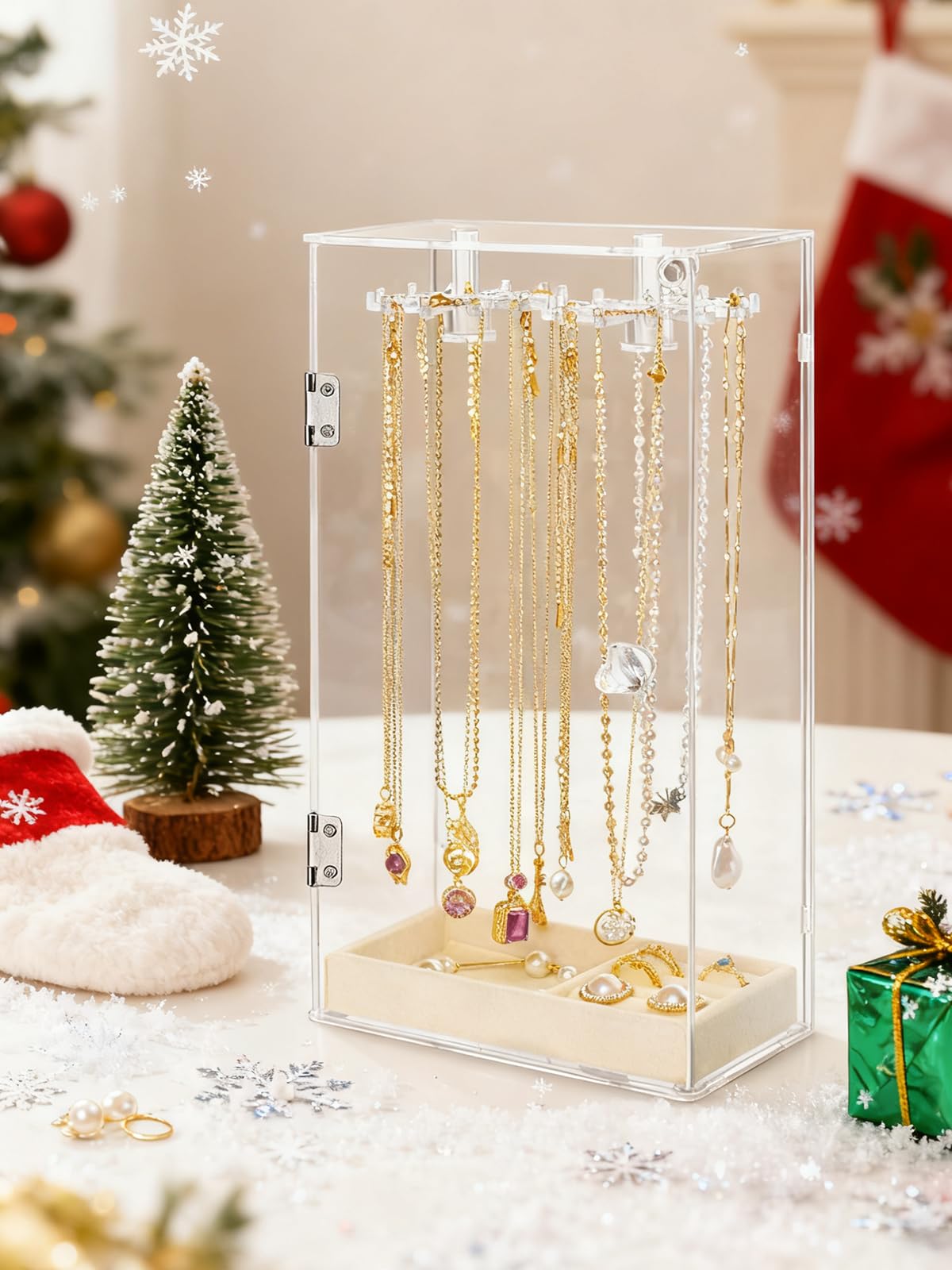 Necklace Holder, Acrylic Jewelry Organizer with 24 Hooks, Rotation Clear Necklaces Pendant Display Case Stand, Dust-proof Velvet Tray Hanging Rack…