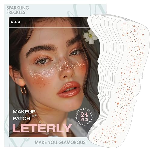 Leterly 24 Pcs Glitter Freckles Face Tattoo,Rose Gold Face Glitter Makeup Patches Cute Sparkle Freckles Patches Waterproof Makeup Speckles for Face
