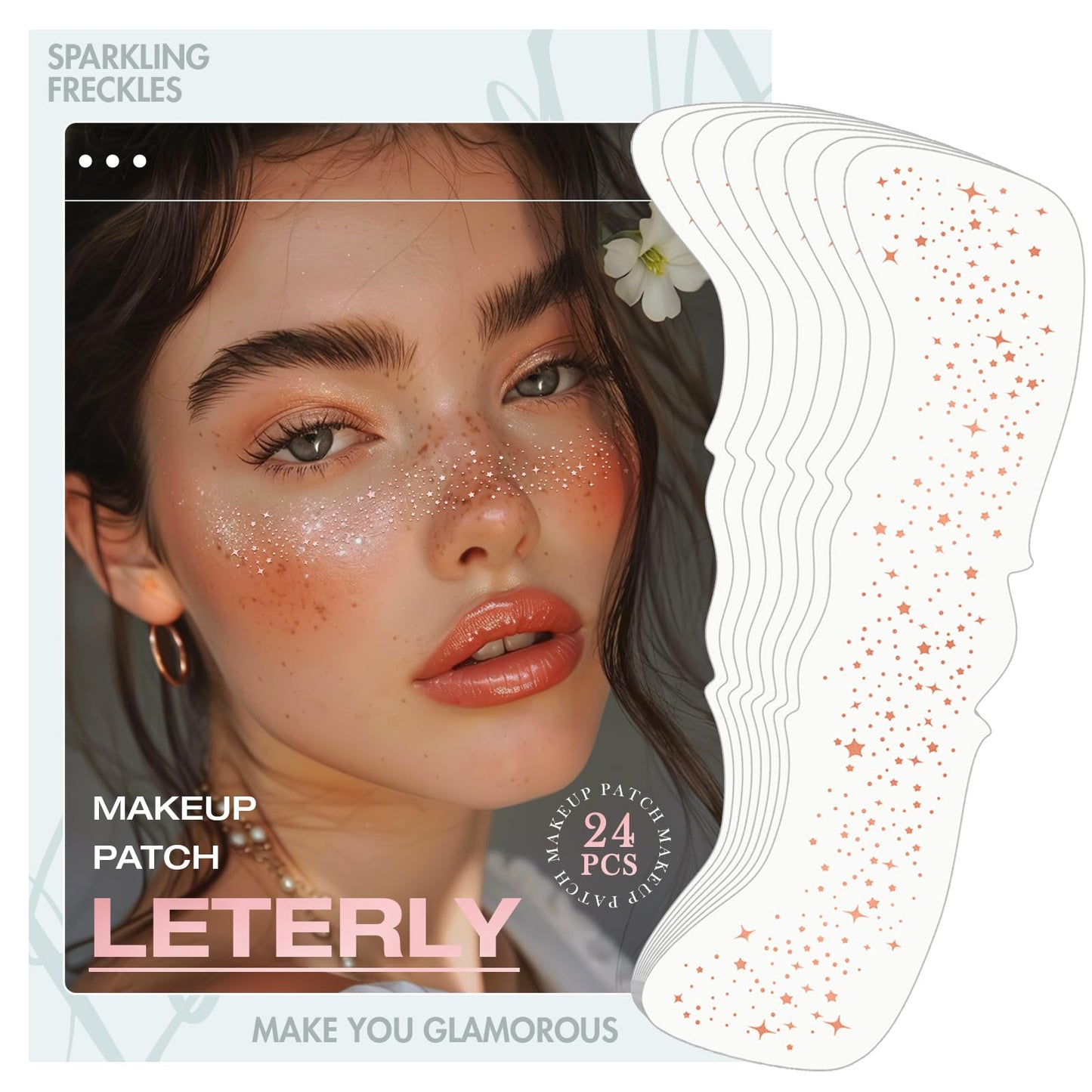 Leterly 24 Pcs Glitter Freckles Face Tattoo,Rose Gold Face Glitter Makeup Patches Cute Sparkle Freckles Patches Waterproof Makeup Speckles for Face