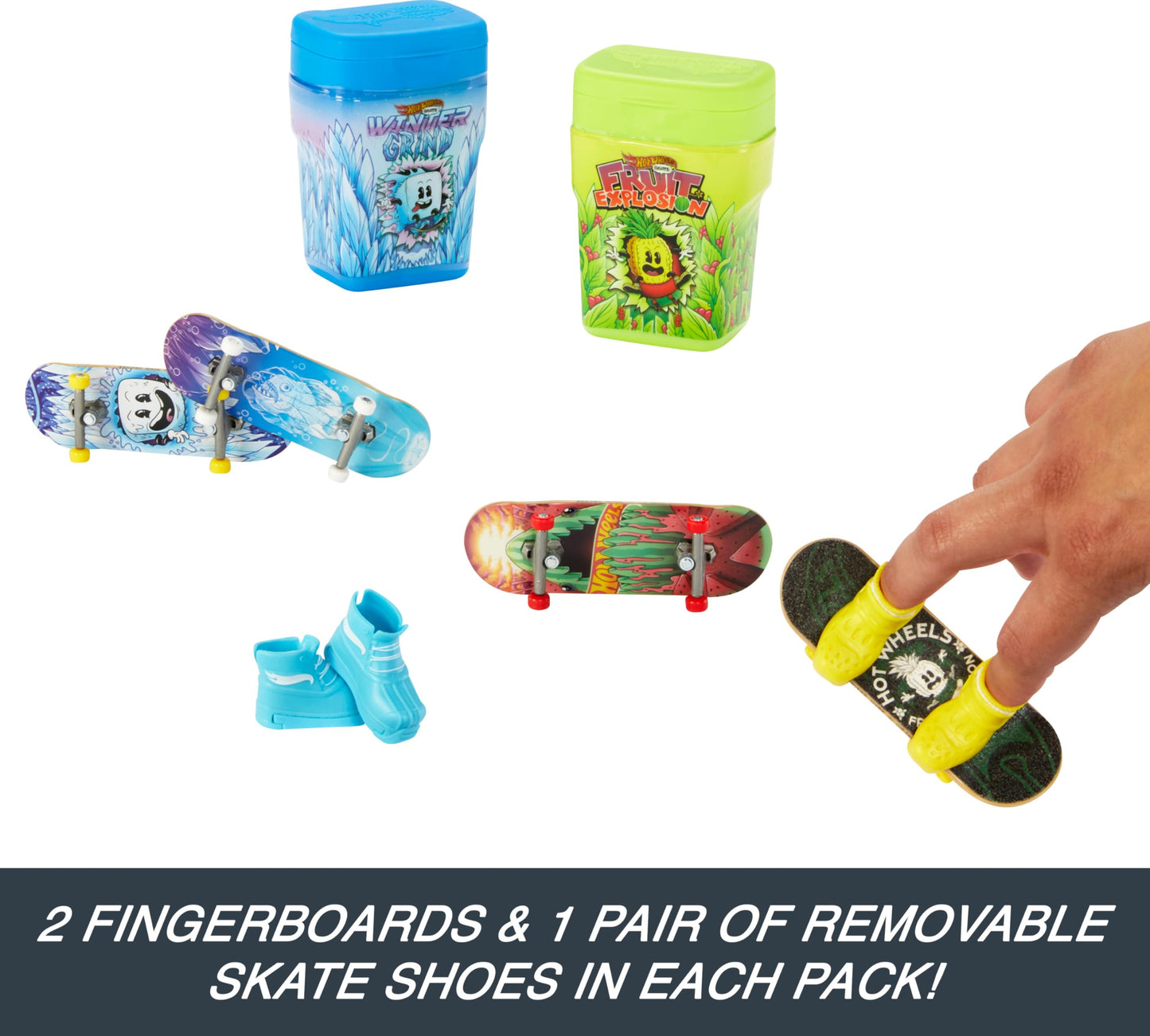 Hot Wheels Skate Fingerboards & Skate Shoes, 2 Flavor Containers with 2 Exclusive Boards & 1 Pair of Removable Shoes in Portable Storage Containers