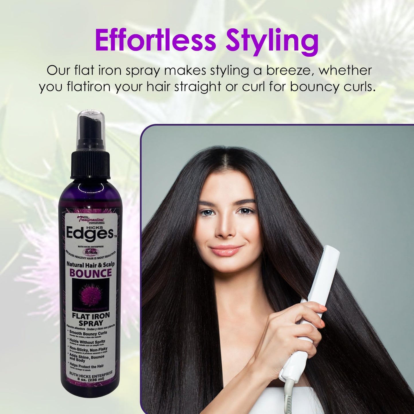 Hicks Edges Natural Hair and Scalp Bounce Flat Iron Spray, Smooth Bouncy Curls, Holds without Spritz with Heat Protection, Non-Sticky and Non Flaky