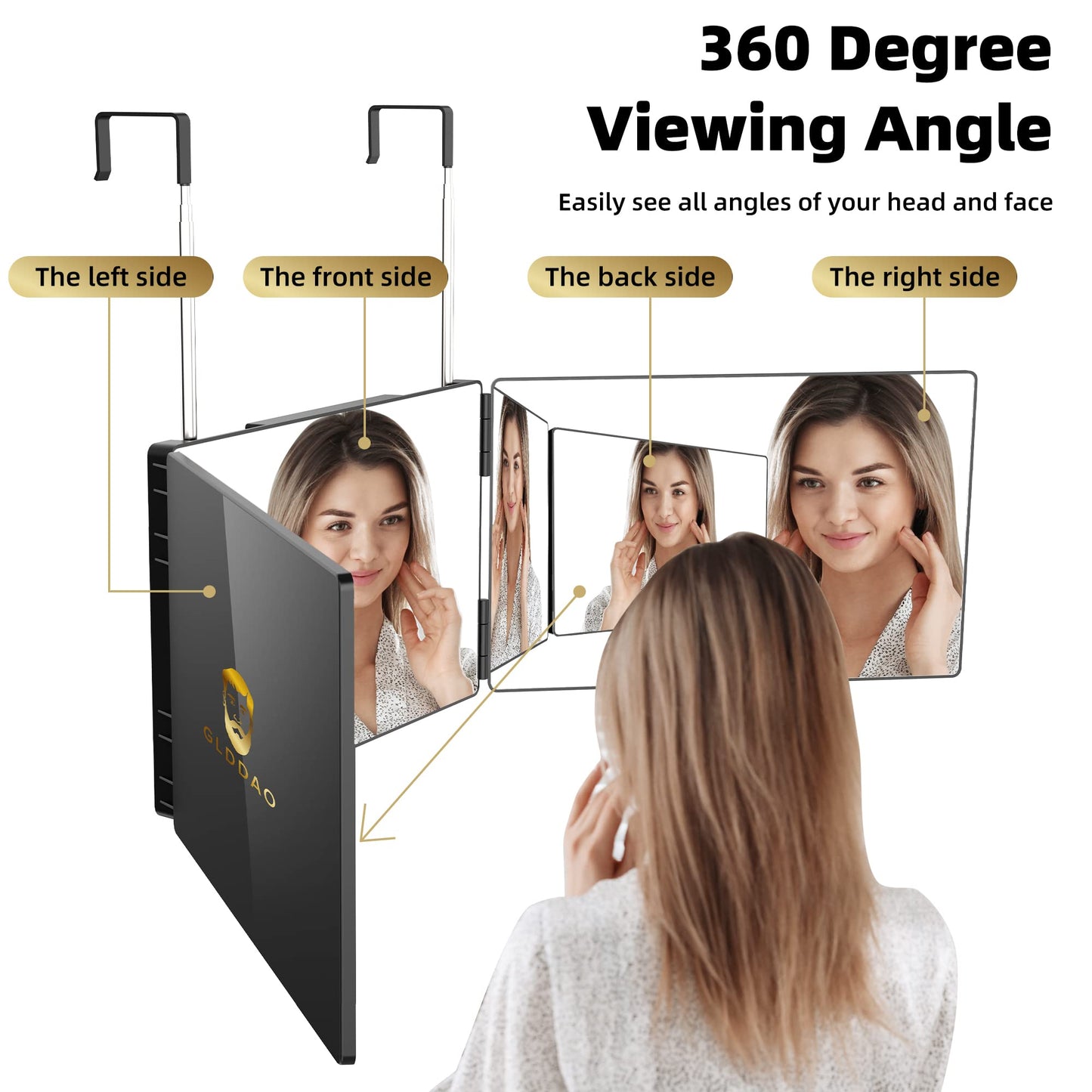 GLDDAO 360 Mirror for Haircuts for Men for Women for Braiding Hair Trifold 3 Way Mirror to See Back of Head Barber Haircut Tool Three Way for Hair