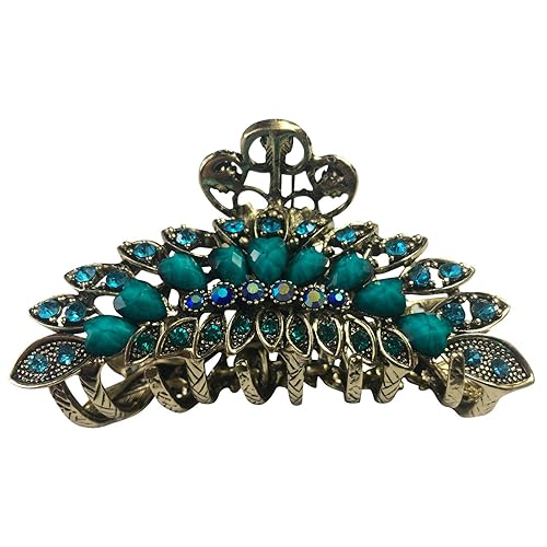 Large Retro Chic Metal Grip Imitation Turquoise Jewel Beads Hair Claw Jaw Comb Pins Flowers Catch Barrette with Teeth Updo Accessories for Thick Hair