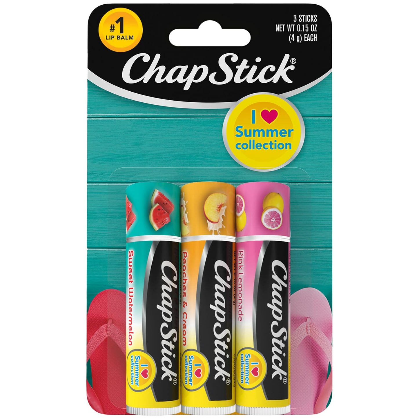 ChapStick Lip Balm, I Love Summer Collection, Variety 3-Pack - Sweet Watermelon, Peaches & Cream, Pink Lemonade, Moisturizing Lip Care, 0.15 Oz Ea