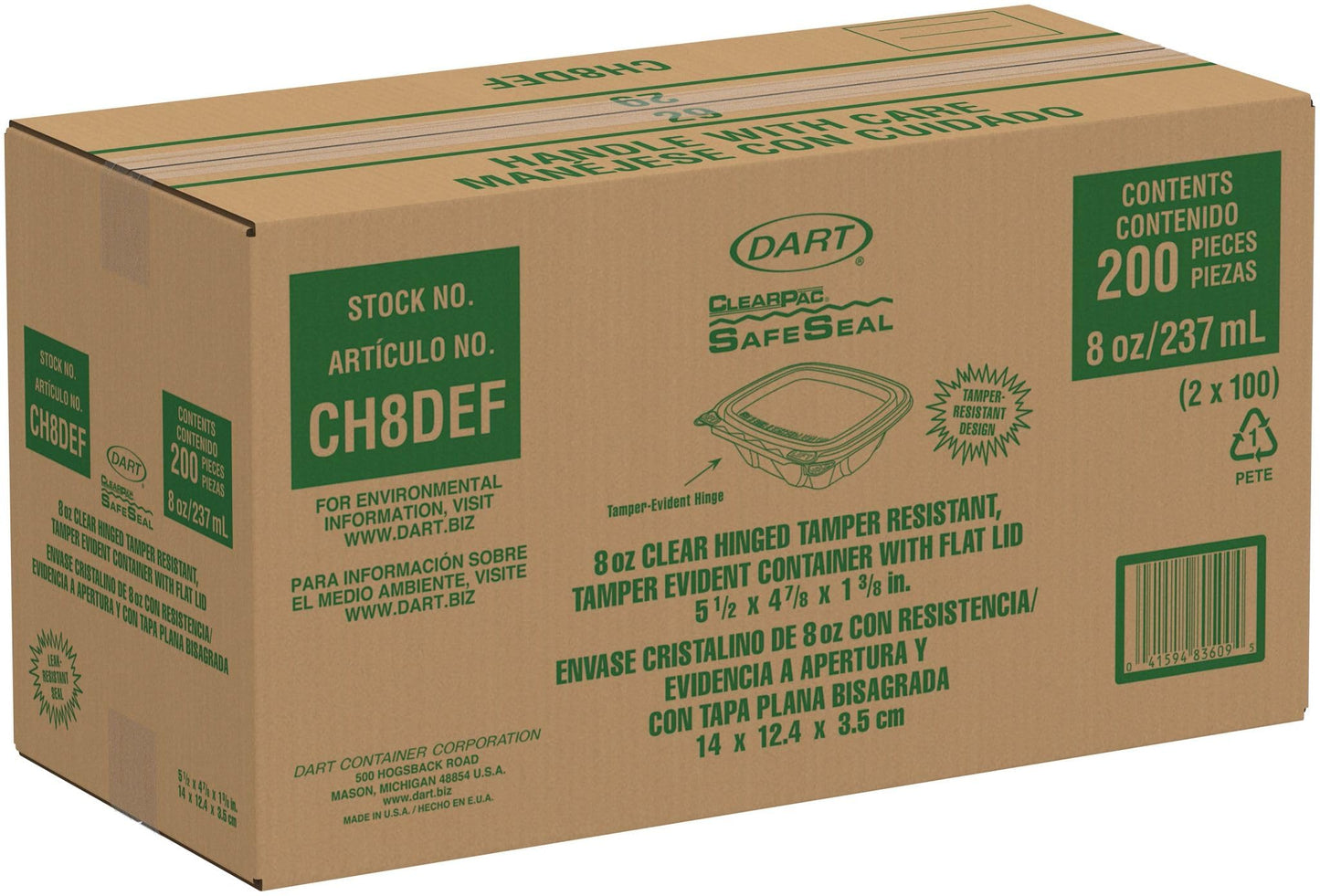 DART CH8DEF 8 oz Tamper-Resistant Clear Hinged Container with Flat Lid (Case of 200)